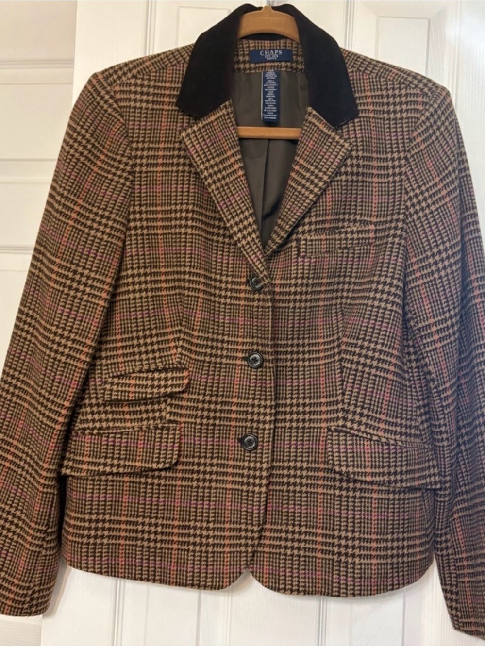 Chaps Women Brown Houndstooth Plaid Wool Blend Riding Blazer Velvet Collar 14P